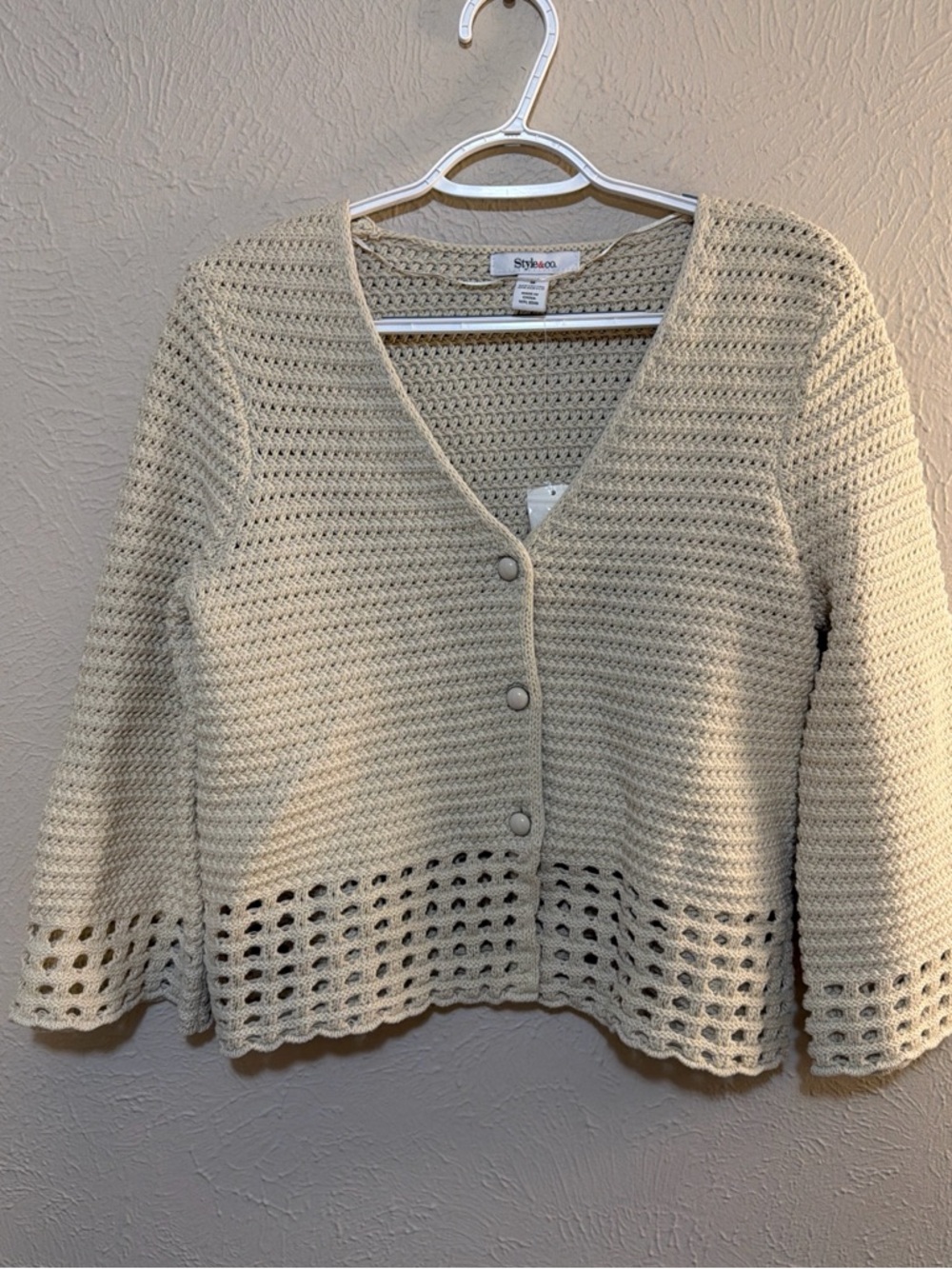 Style & Co. Cream Crochet V-Neck Button Cardigan